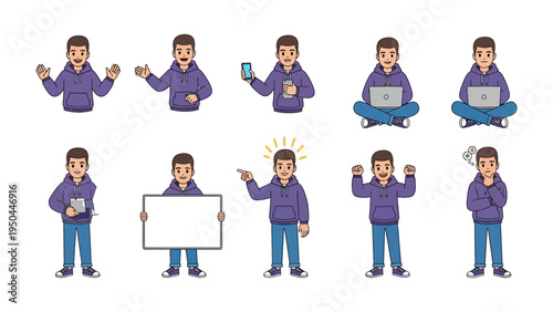 Person's Illustration in Various Gestures: A set of illustrations depicts a single person in a variety of poses and actions, showcasing different emotions and activities. 