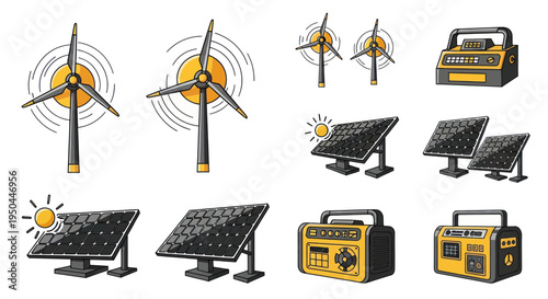 Renewable Energy Icons: Wind Turbines, Solar Panels, and Portable Generators