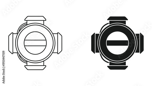 Diver Helmet Icons: Line Art and Silhouette, Top View, Isolated on White Background