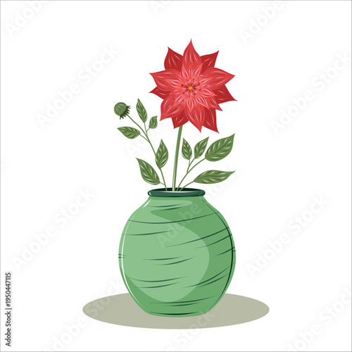 Hand drawn decorative flower dahlia in green ceramic vase. Vintage botanical illustration with folk style. Floral composition perfect for greeting cards, home decor prints and packaging design.