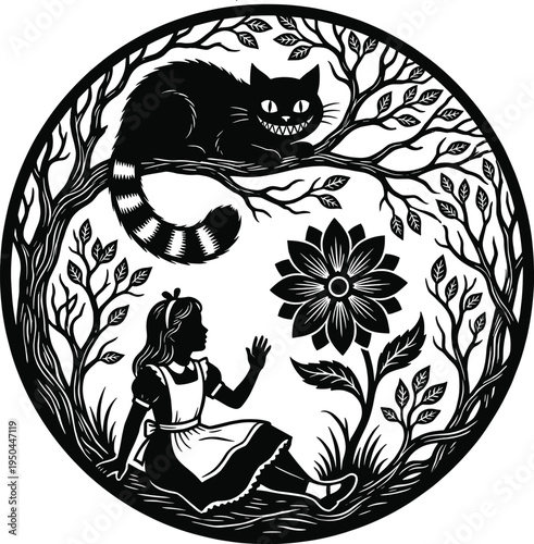 Alice in Wonderland inspired silhouette scene with Cheshire cat on tree branch and girl with flower, vintage fairy tale papercut illustration