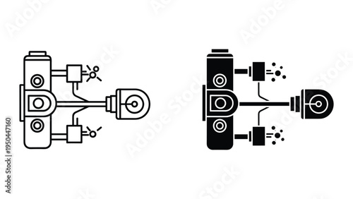 Abstract Industrial Mechanism Diagram with Gears and Pipes - Line Art and Silhouette