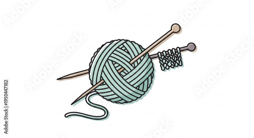 Teal yarn ball with brown knitting needles on white background for crafting and hobby projects