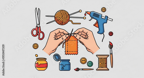 Hands knitting with yarn and needles surrounded by sewing tools and supplies on a gray background
