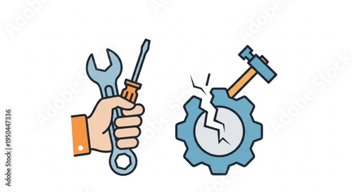 Hand holding wrench and screwdriver fixing broken gear with hammer repair and maintenance concept