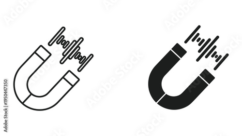 Horseshoe Magnet Attracting Magnetic Field Lines Icon Set - Black and White Vector Symbols