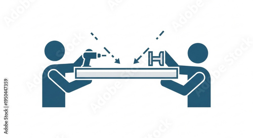 Two people holding a plank with a drill and hammer teamwork and collaboration concept construction and diy tools and equipment