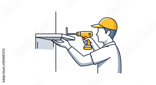 Man in yellow hard hat drills into wall with power drill home renovation concept