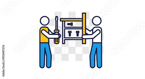 Two workers assembling furniture with tools and parts