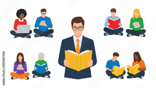 Diverse Readers and Educators: A collection of individuals, from different backgrounds, engages in reading and learning, with an educator at the heart of their exploration.