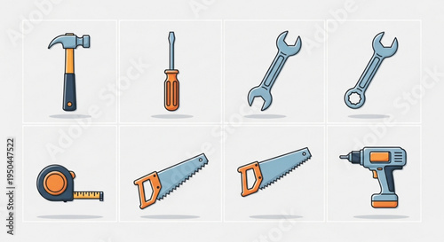 Collection of eight various hand tools on a clean background for diy and construction projects