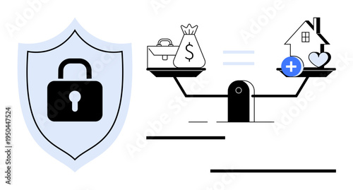 Financial security concept. Financial stability with a shield and lock safety, a scale balancing wealth and property, and healthy investments. For personal finances, insurance, and stability. Usages