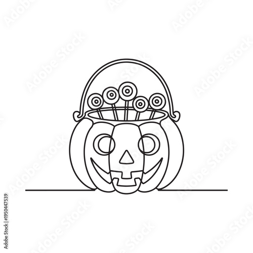 A simple line drawing of a pumpkin bucket filled with lollipops