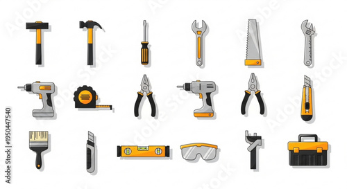 Collection of various hand tools and equipment for construction and diy projects on a white background