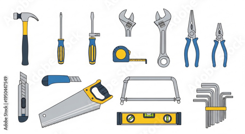 Collection of various hand tools on a white background for diy projects and home repair