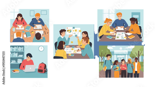 Education Collaboration: A collage of students immersed in various learning environments, showcasing teamwork, discussion, and individual study.