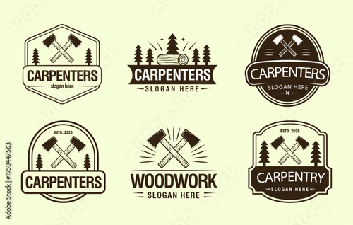 Collection of woodworking logos, vintage vector illustrations, graphic design icon templates.