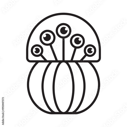 A simple black and white illustration of a stylized mushroom creature