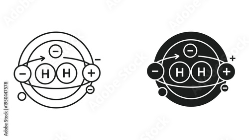 Hydrogen molecule H2 ion formation, electron transfer, positive negative charges, Bohr model representation