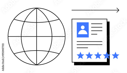 Globe representing global network, personal profile document with five-star rating, and arrow symbol for progress. Ideal for online reputation, digital identity, user rating systems, global