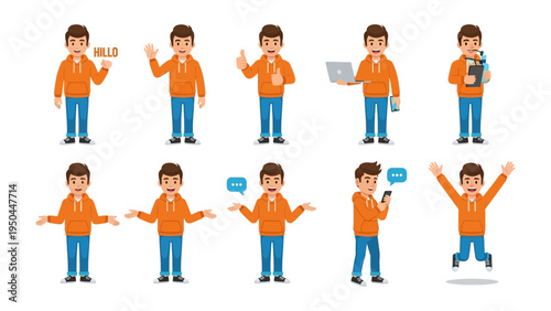 Versatile Actions of a Young Man: A young man is captured in a variety of poses and actions. From greeting with a hello to using a laptop and smartphone.