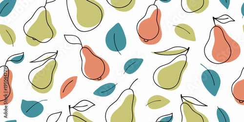 Abstract pattern of colorful pears and leaves on a white background