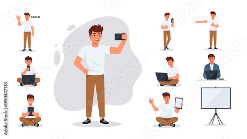 Digital Lifestyle: A collection of illustrations depicting a man in various poses and actions related to technology and digital lifestyle. Capturing modern work and connection.
