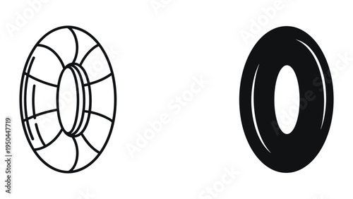 Line Art and Solid Icon of a Ring Buoy, Lifebuoy, or Life Ring - Safety and Rescue Symbol