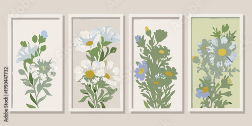 Four botanical wall art prints displaying delicate floral arrangements