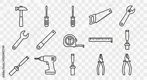 Collection of various hand tools and equipment for diy projects and construction work on transparent background
