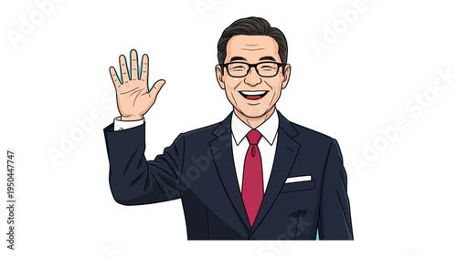 Smiling Businessman Waving Hello: A cheerful businessman wearing glasses and a formal suit waves his hand in a friendly gesture, conveying warmth and approachability.