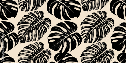 Seamless pattern featuring stylized monstera leaves in black and beige