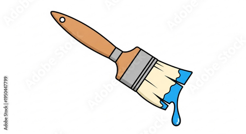 Paintbrush with blue paint dripping from bristles on white background artistic tool