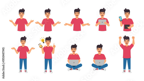 Diverse Expressions: A graphic depicting a young man in various poses and gestures, capturing a range of emotions and actions, from contemplation to triumphant gestures, on a flat background. 
