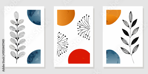Fotografie Abstract botanical art with geometric shapes in a triptych format