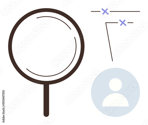 Search tools, data filtration, error detection, decision making, user identification, user interface design. Minimalist magnifying glass, user avatar and marks. Search tools and data filtration