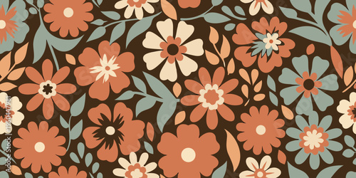 A colorful floral pattern featuring stylized blossoms and lush leaves