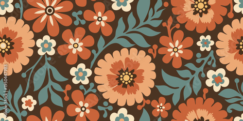 A seamless floral pattern with stylized orange teal and white blossoms