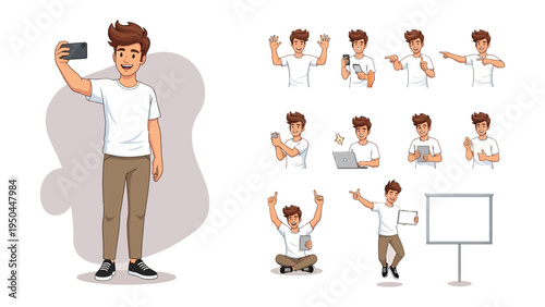 Young Man's Digital Life: A stylish young man in a white tee, embracing the modern era with smartphones, tablets, and interactive digital display, demonstrating communication and information