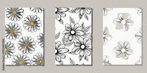 Three floral patterned panels featuring delicate daisy like blooms