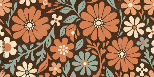 A seamless pattern of stylized flowers in retro autumnal hues