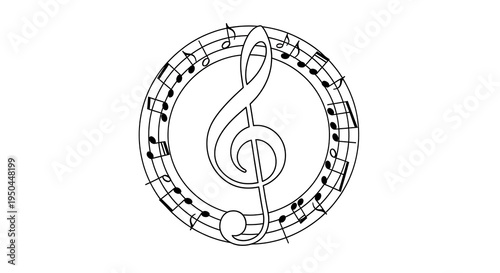 Treble clef in circular music staff with black notes on white