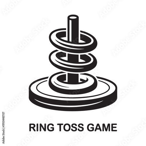 A black and white illustration of a classic ring toss carnival game