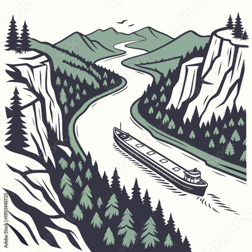 A large ship sailing down a river between mountains