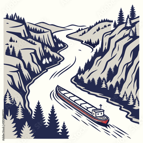 A large ship sails down a river between two mountainous cliffs