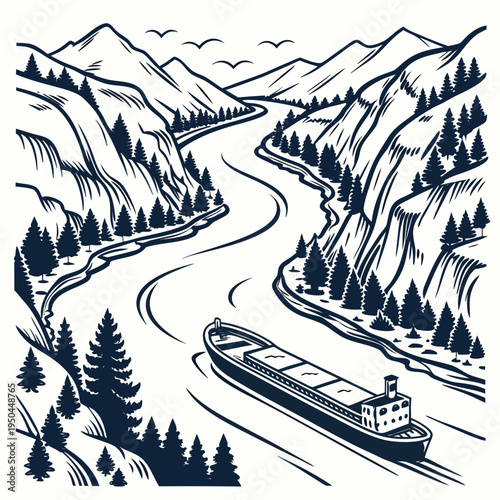 A large ship sails down a winding river