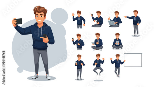 Digital Nomad in Action: A dynamic illustration presents a digital nomad in various poses, showcasing the versatility of modern work and lifestyle. From taking selfies to using a laptop.