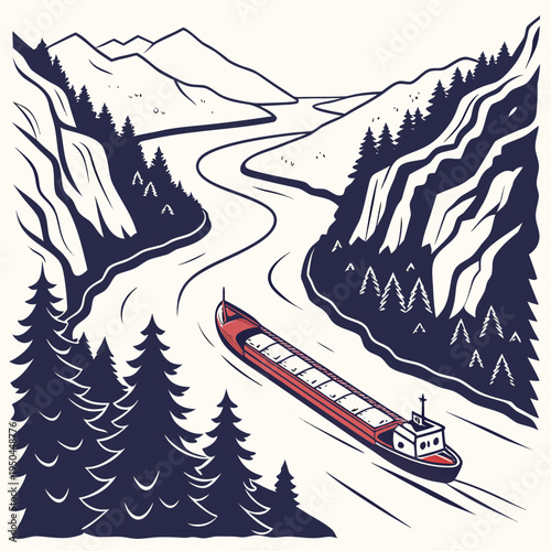 A red barge sails down a winding river