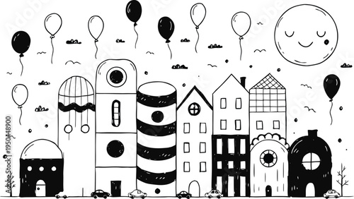 Whimsical black and white illustration of a charming town with buildings and balloons under a smiling moon
