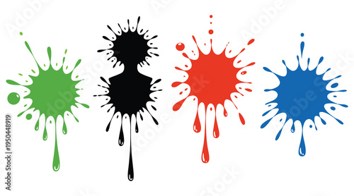 Colorful paint splash vector set featuring green, black, red and blue liquid ink splatters.